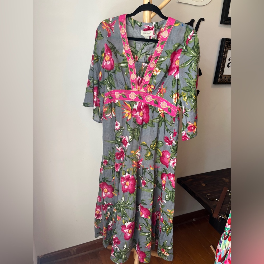 Charlie Paige Gray Maxi Dress with Pink Floral Design